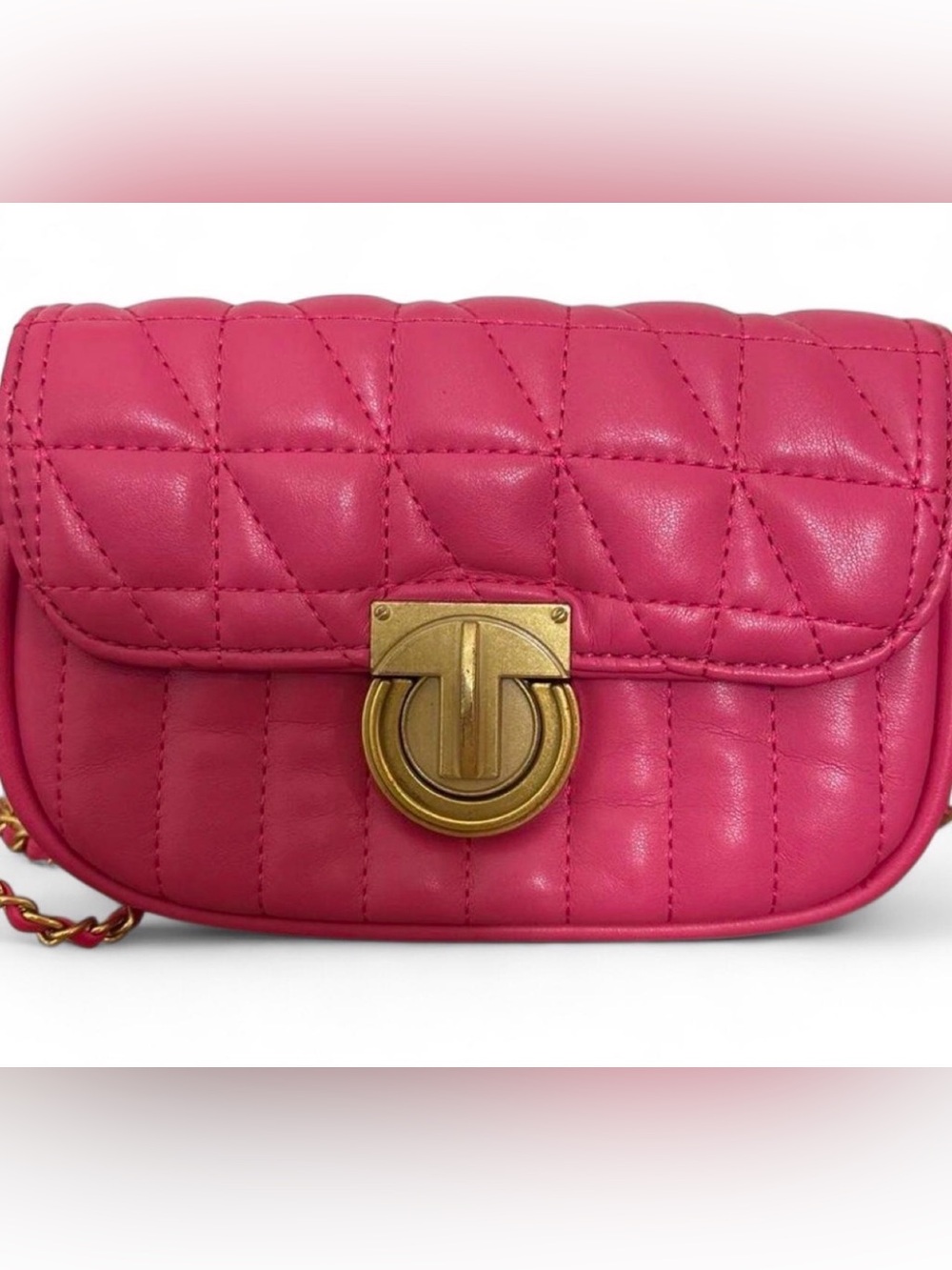 Quilted Pink Leather Crossbody Clutch with Gold Turn-Lock